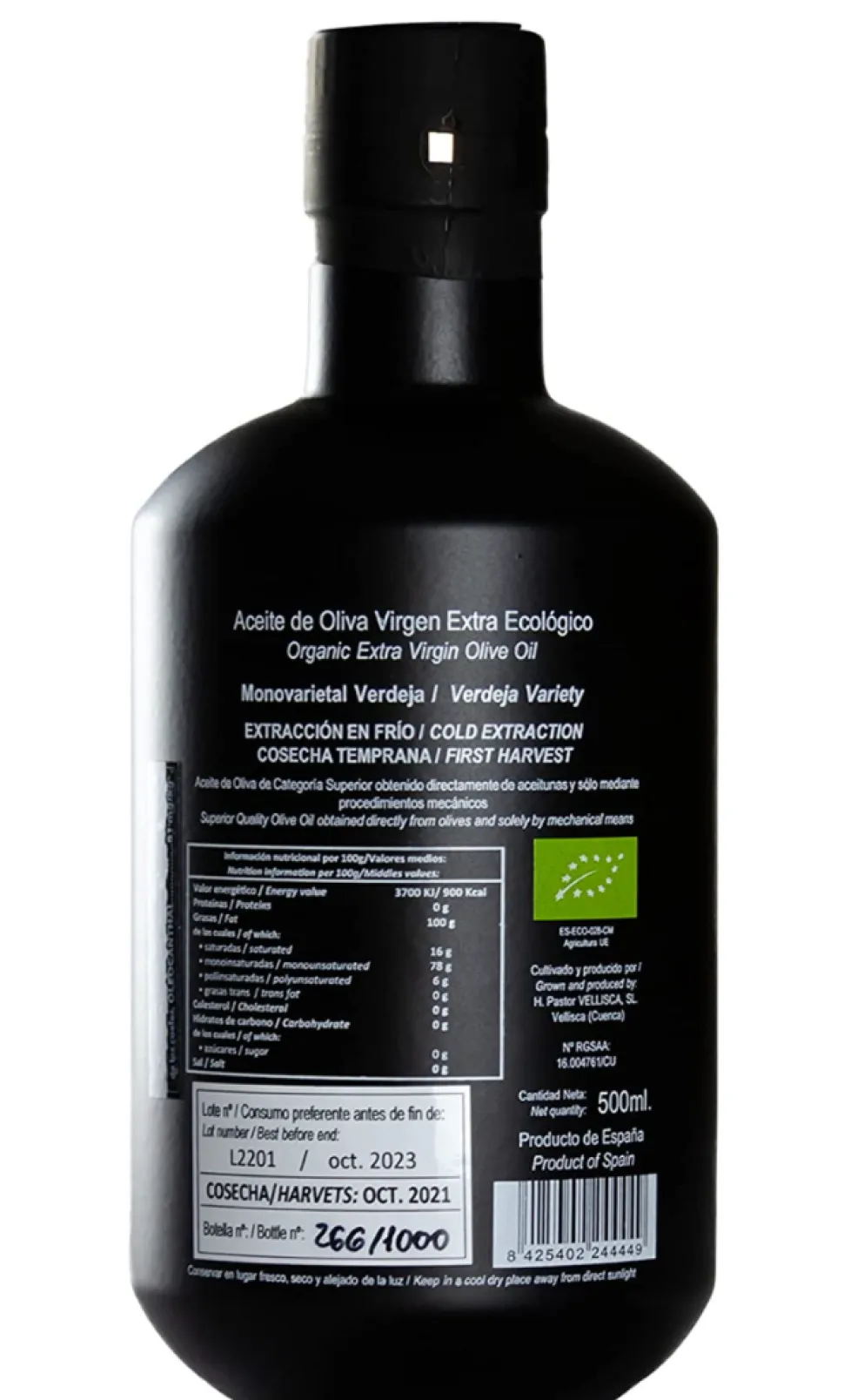 Aceite de Oliva Virgen Extra Ecológico, rico en Biofenoles y Oleocanthal - Botella 500 ml