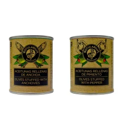 Aceitunas rellenas de anchoa y Aceitunas rellenas de pimiento Botularium (Pack con 5 latitas minibar de cada)