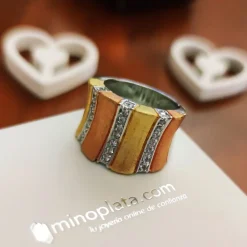 Anillo Bandas Doradas, Rosa Y Circonitas En Plata De Ley