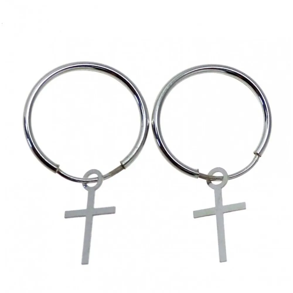 New Aros De Plata De Ley 17 Mm Con Cruz Colgante