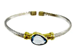 Brazalete De Acero Y Plata Dorada Con Piedra Azul