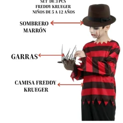 Best Kebedo Moda Camiseta Freddy Krueger Garras y Sombrero Niños - Disfraz de Miedo Infantil