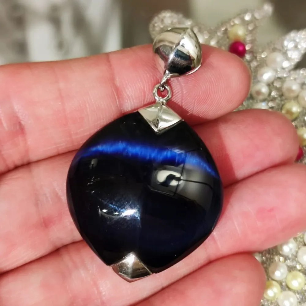 Clearance Colgante De Plata Rh Con Piedra Azul Oscuro Ojo De Gato