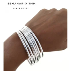 Conjunto De Pulseras Semanario Lisas De Plata De Ley 3Mm 65Mm Diámetro (Talla M)