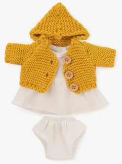 New Miniland Conjunto vestido blanco y chaqueta de punto mostaza (21 cm)
