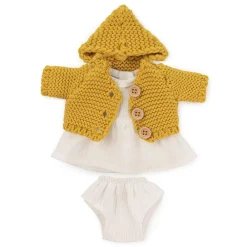 New Miniland Conjunto vestido blanco y chaqueta de punto mostaza (21 cm)