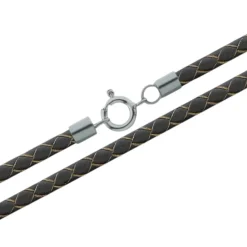 Cordon De Piel Marrón Trenzada 4Mm Con Terminal De Plata De 45Cm