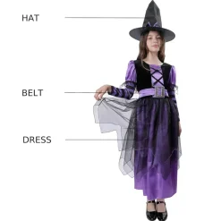 Disfraz Bruja Hechicera para Niñas. Incluye Vestido Gótico y Sombrero - Tallas 3-12 Años