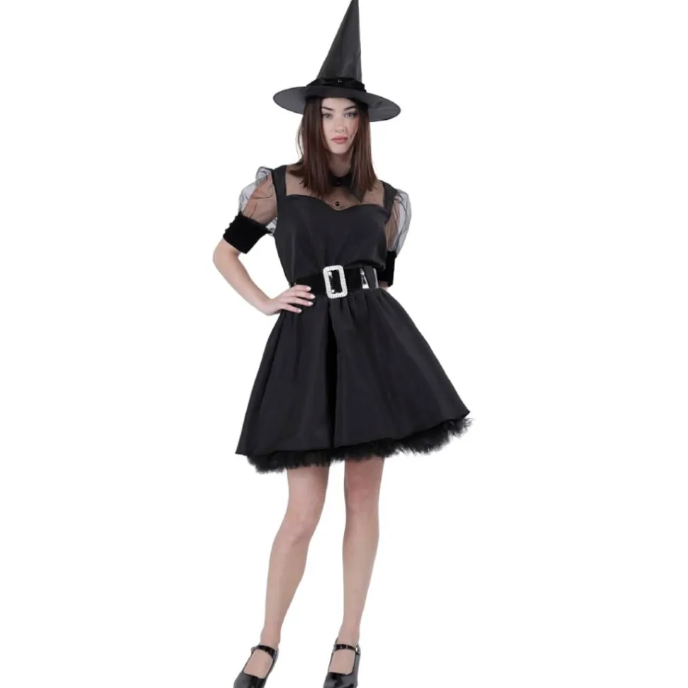 Disfraz Bruja Hechicera Sexy Malvada - Vestido Corto Negro con Sombrero para Mujer Adulto