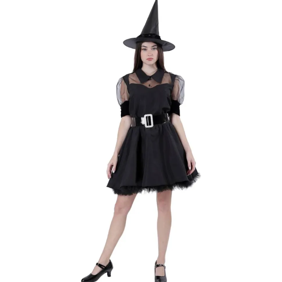 Disfraz Bruja Hechicera Sexy Malvada - Vestido Corto Negro con Sombrero para Mujer Adulto