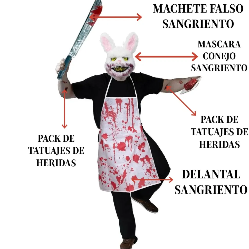 Disfraz Conejo Sangriento - Delantal Carnicero, Máscara y Machete