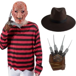 Outlet Kebedo Moda Disfraz de Freddy Krueger Hombre Adulto - Máscara de Látex Camisa Garra Sombrero Marrón