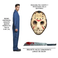 Disfraz de Terror de Jason Voorhees Adulto - Mono y Máscara de Hockey con Machete Falso