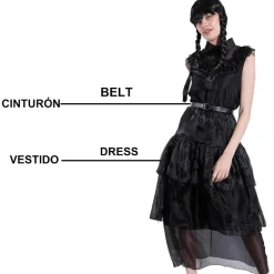 Disfraz Merlina Baile Miércoles Addams Mujer - Vestido Gala Gótico con Cinturón