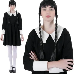 Best Kebedo Moda Disfraz Merlina Gótico Miércoles Addams - Vestido, La Mano de Látex, Peluca y Medias