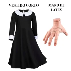 Disfraz Merlina Gótico Película Miércoles Addams Vestido Negro con Mano de látex Adulto