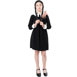 Disfraz Merlina Miércoles Addams con Mano de Látex Vestido Gótico Niñas