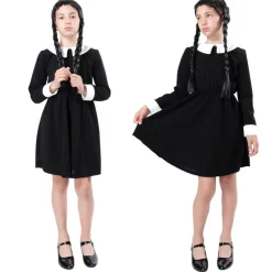 Disfraz Merlina Miércoles Addams con Mano de Látex Vestido Gótico Niñas