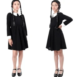Hot Kebedo Moda Disfraz Miércoles Addams Peluca con Mano de Látex Vestido Gótico Merlina para Niñas