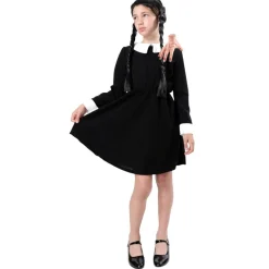 Hot Kebedo Moda Disfraz Miércoles Addams Peluca con Mano de Látex Vestido Gótico Merlina para Niñas