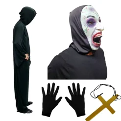 New Kebedo Moda Disfraz Monja Poseída Película de Terror - Túnica, Máscara látex, Guantes y Cruz para Adulto