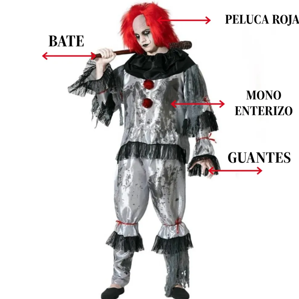 Disfraz Payaso Terror Hombre Adulto IT Pennywise Mono Enterizo Peluca
