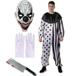 Disfraz Payaso Terror Hombre Mono Blanco Negro con Máscara Guantes