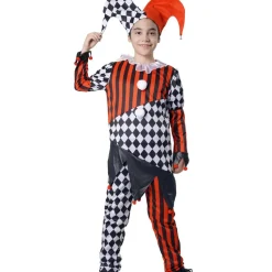 Disfraz Payaso Terror para Niño - Traje Arlequín y Gorro Bicolor Negro y Rojo