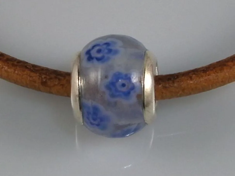 Entrepieza Transparente Murano Con Flores Azules Y Plata De Ley