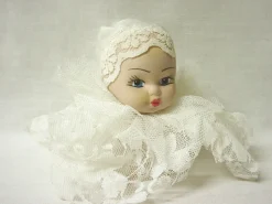 Figura Muñeca Cabeza Cerámica Hueca Puntilla Blanco