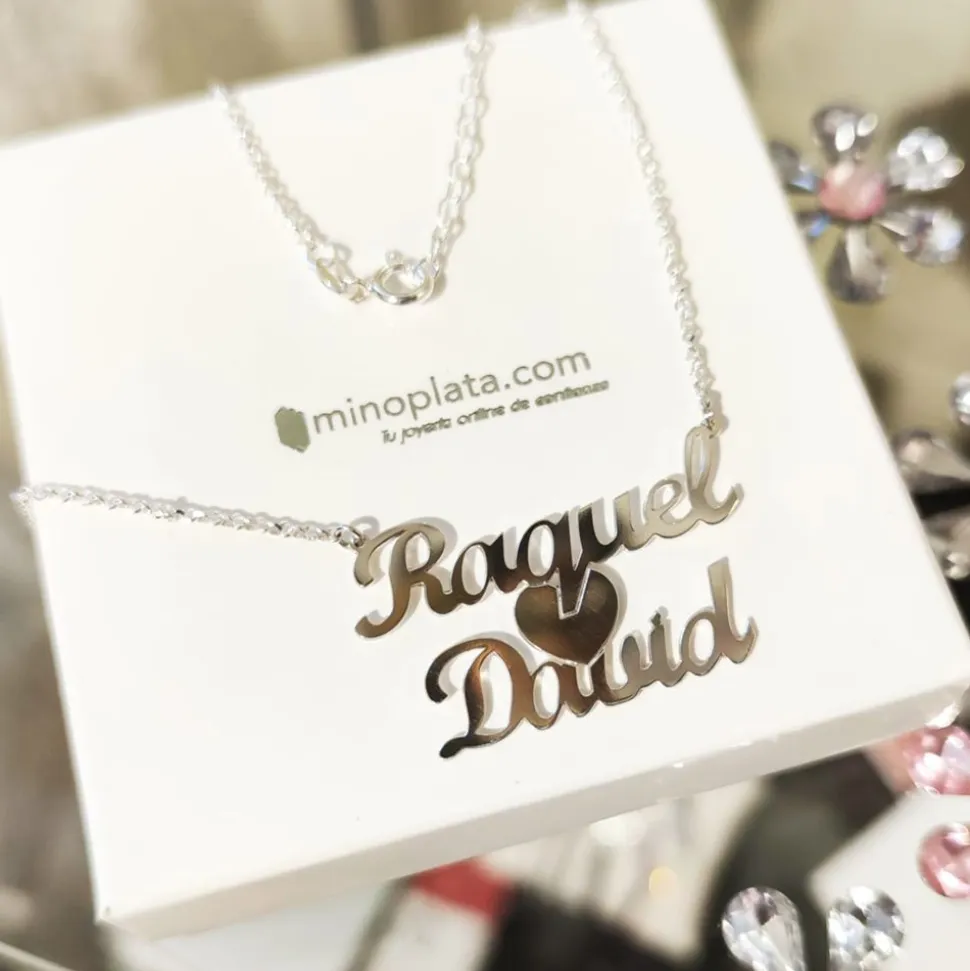 Gargantilla Personalizada 2 Nombres + Corazón De Plata De Ley