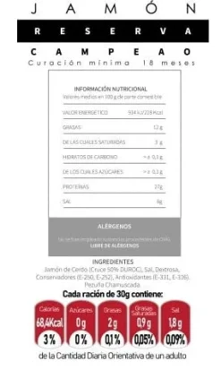 Jamón serrano Reserva Campeado 50% Duroc Quejara ( 7 - 7,5 Kg ) Ni dulce, ni salado, ni amargo ni ácido. “umami”