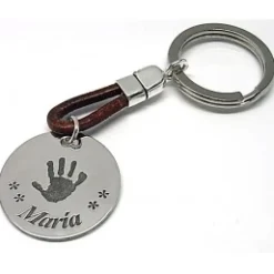 Llavero Mano Personalizado En Plata Y Piel Marrón