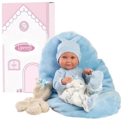 Best Llorens Muñeco Bebé Juan con Cojín celeste y Oso Newborn - cuerpo de Vinyl -