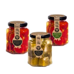 Pack aperitivo mixto: Pepperoncini rellenos de bonito, queso y anchoa; Pepinillos rellenos de queso y Pepperoncini rellenos de bonito y queso 3 tarros de 250 g