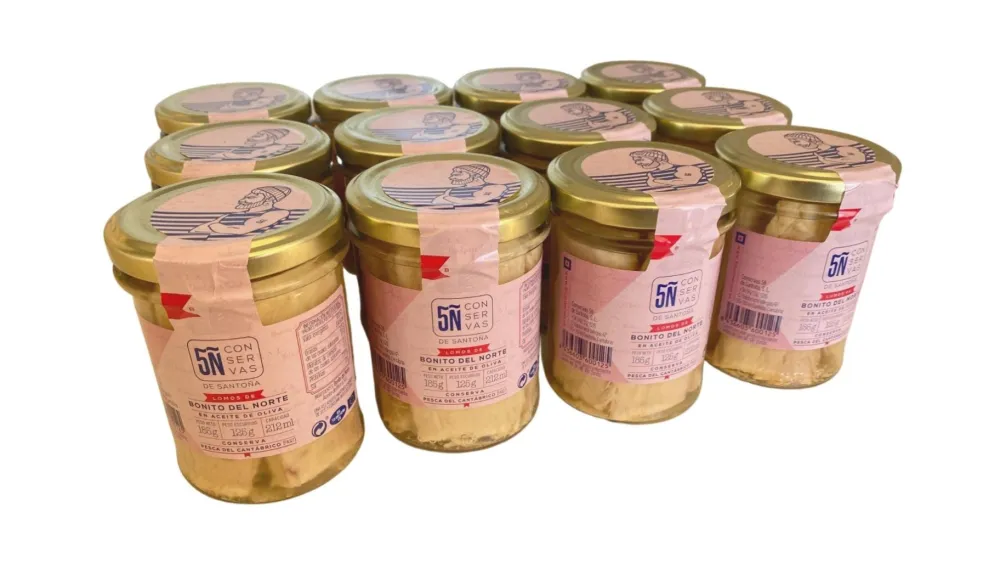 Hot Conservas 5Ñ de Santoña Pack de 12 tarros de Lomos de Bonito del Norte en aceite de oliva 212 ML