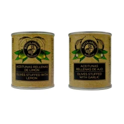 Pack 10 latitas minibar - Aceitun'as al limón 5x50 g y Aceitunas rellenas de ajo 5x50 g