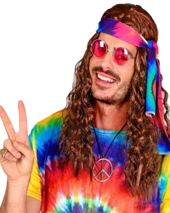 Peluca hippie marrón con banda tie-dye unisex