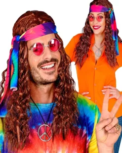 Peluca hippie marrón con banda tie-dye unisex