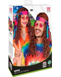 Peluca hippie marrón con banda tie-dye unisex