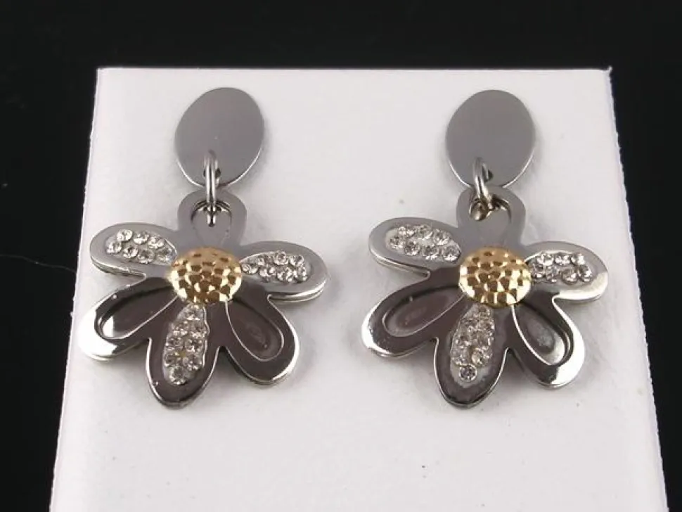 Pendientes Acero Y Oro Flor Circonitas