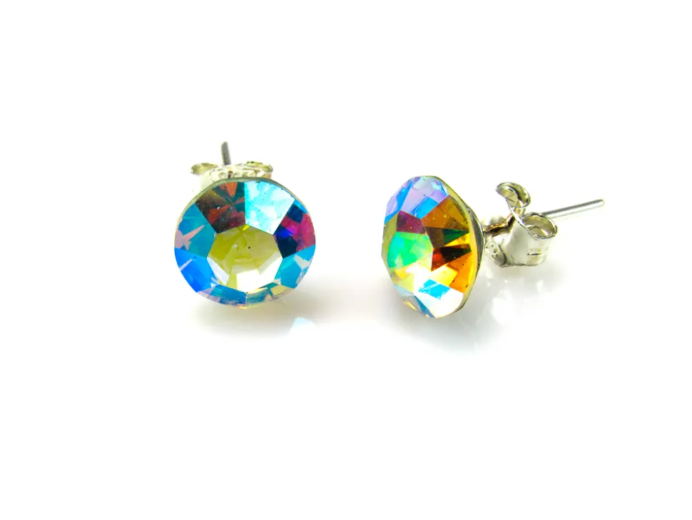 Pendientes Cono De Plata Y Cristal Swarovski Aurora Boreal 8 Mm.