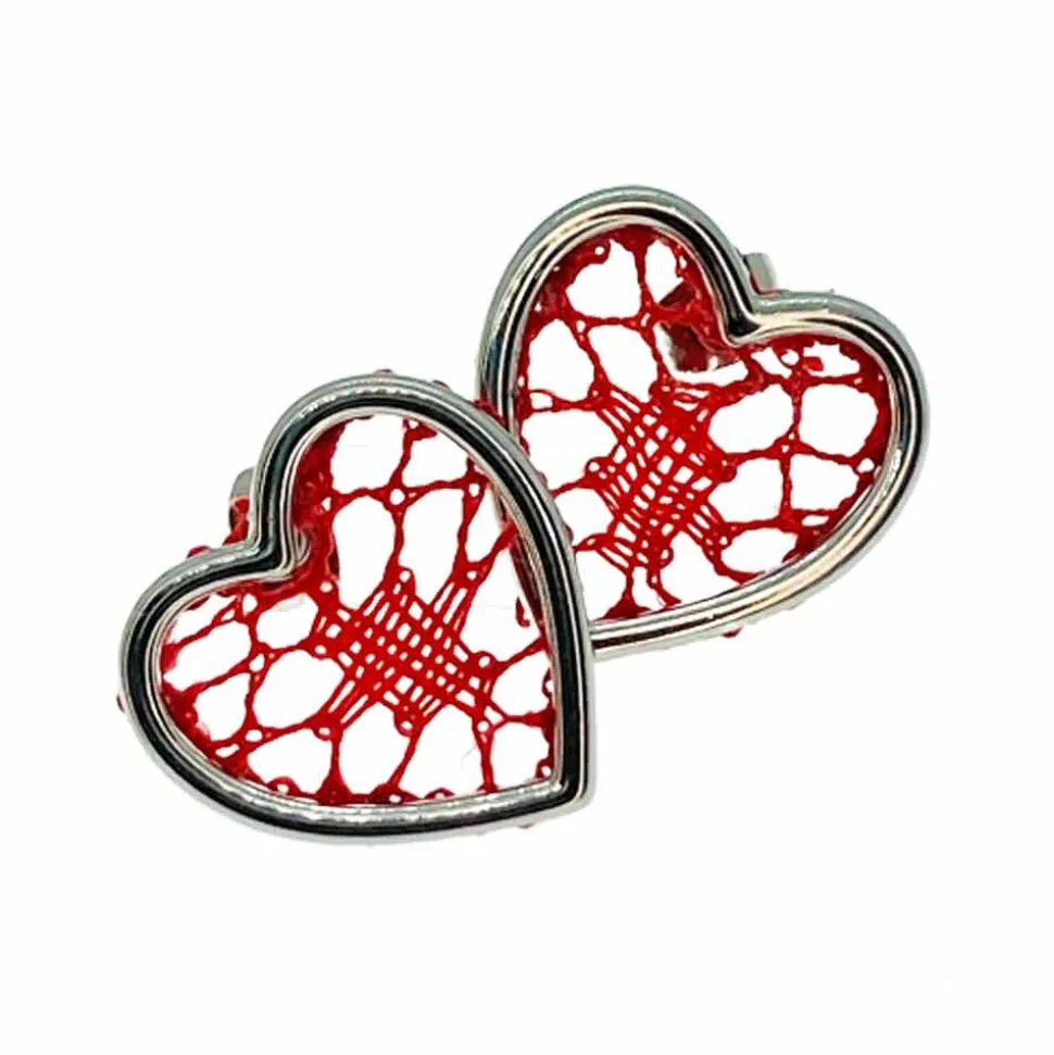 Pendientes Corazón y Encaje de Bolillos en Rojo