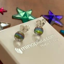 Clearance Pendientes De Bola 6Mm Plata Con Cristal Tornasol Verde Y Fucsia