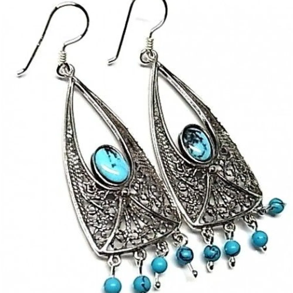 Sale Pendientes Largos En Plata De Ley Y Turquesa