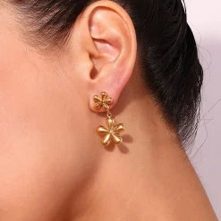 Pendientes largos mujer acero inoxidable - Diseño doble flores