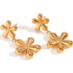 Pendientes largos mujer acero inoxidable - Diseño doble flores