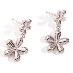 Pendientes largos mujer acero inoxidable - Diseño doble flores