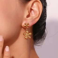 Pendientes largos mujer acero inoxidable - Diseño doble flores