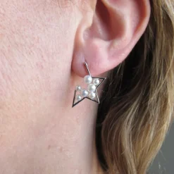 Pendientes Mujer Estrella De Plata Rodiada Con Perlitas